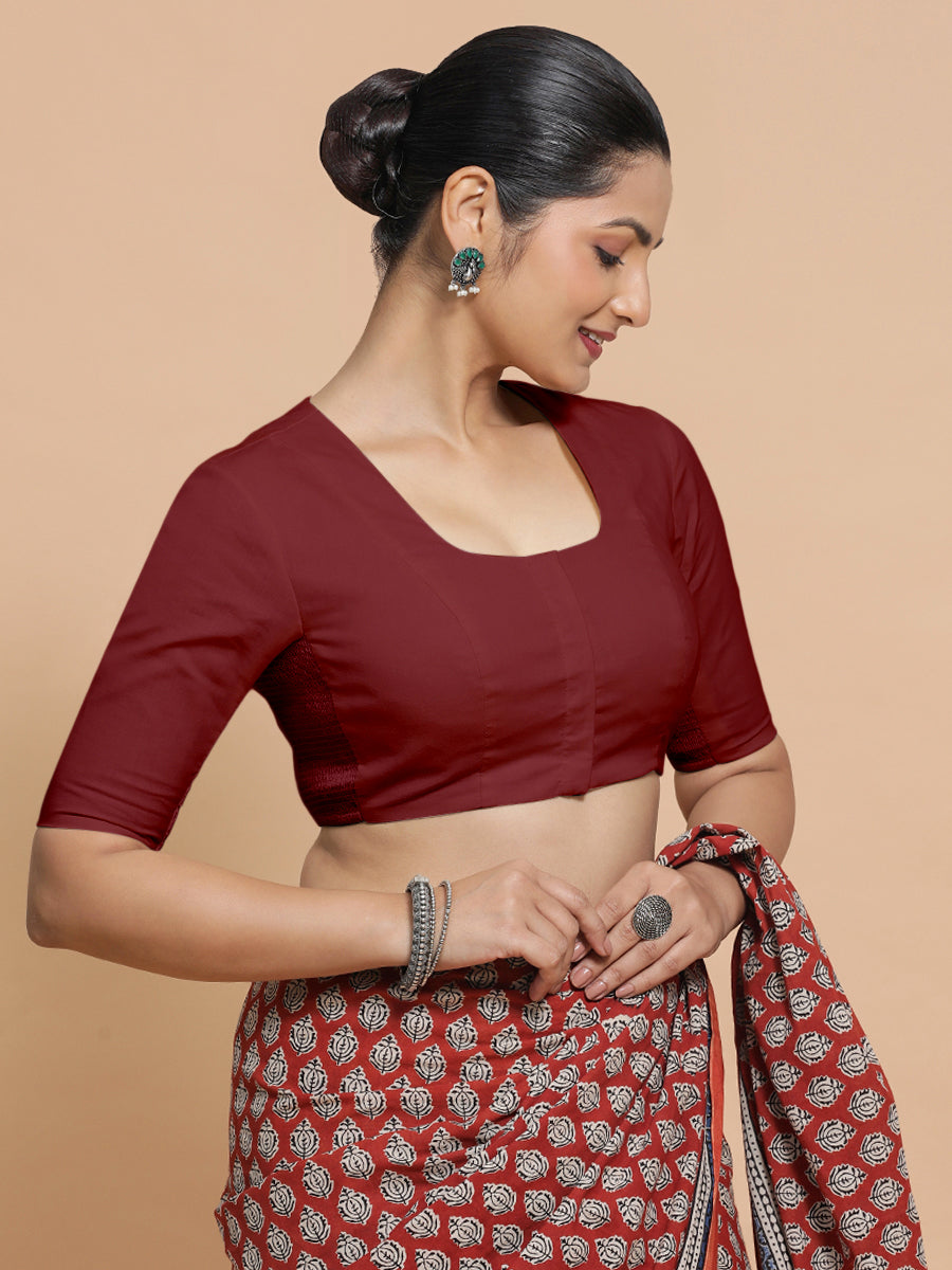 Sadia x Rozaana Saree Blouse, in Red Linen, featuring elbow sleeves and round neckline, made for daily & work (view 8).