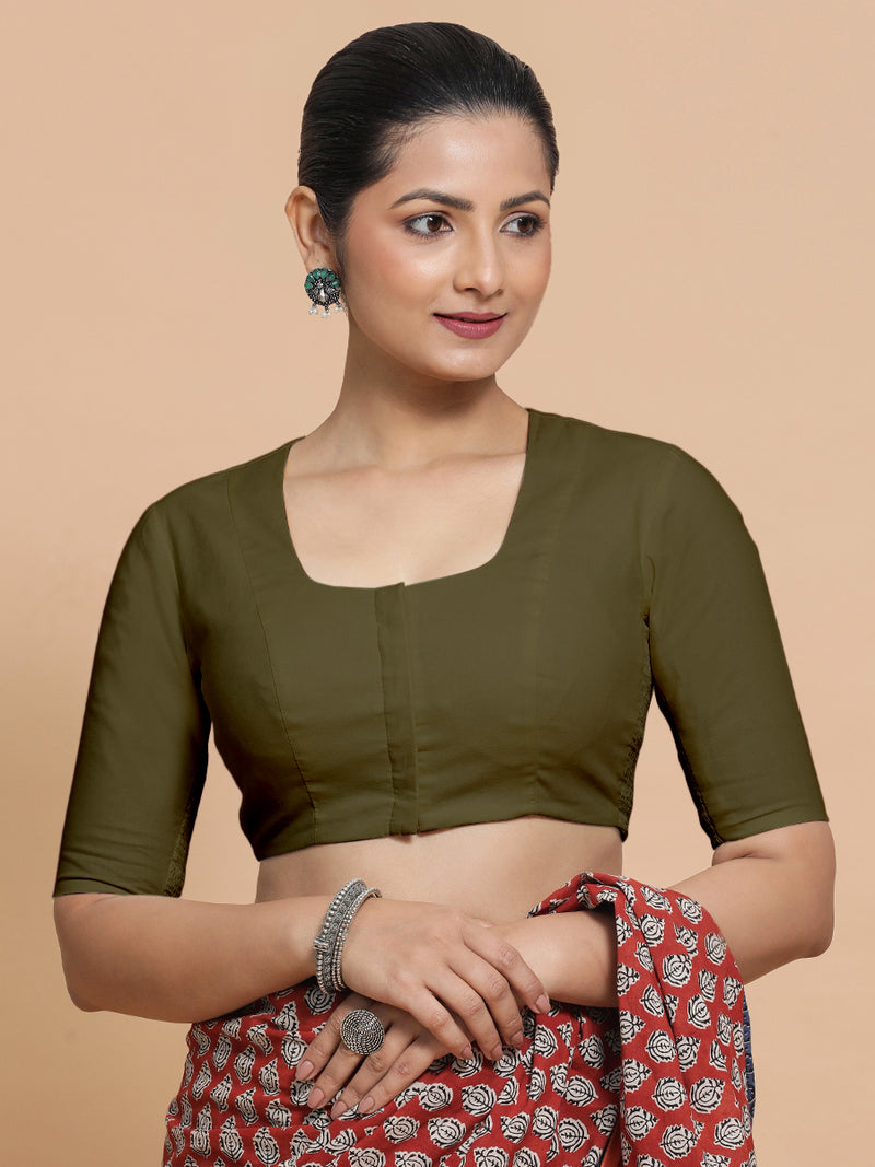 Sadia x Rozaana | Elbow Sleeves Saree Blouse in Deep Olive Green Linen-Binks