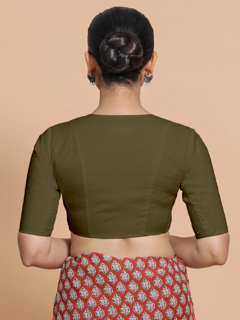 Sadia x Rozaana | Elbow Sleeves Saree Blouse in Deep Olive Green Linen-Binks