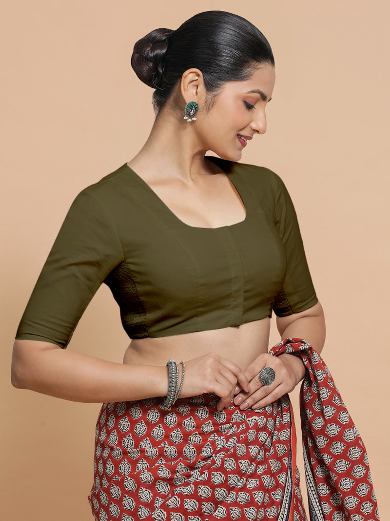 Sadia x Rozaana | Elbow Sleeves Saree Blouse in Deep Olive Green Linen-Binks