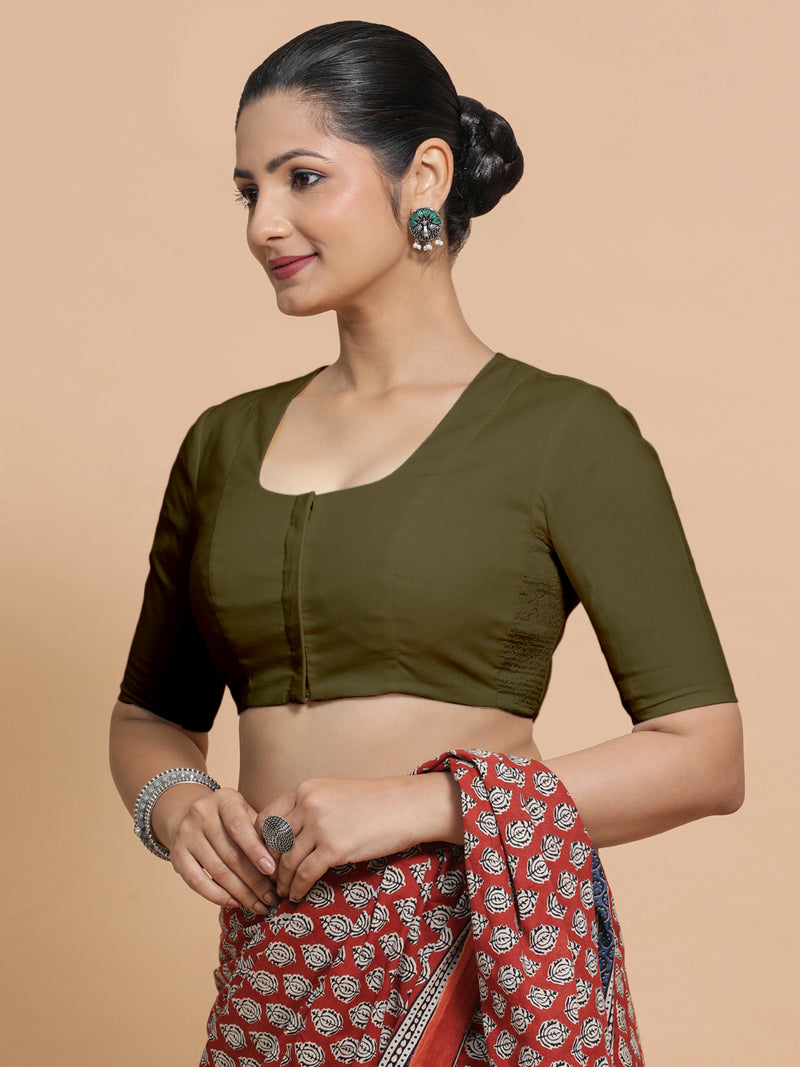 Sadia x Rozaana | Elbow Sleeves Saree Blouse in Deep Olive Green Linen-Binks