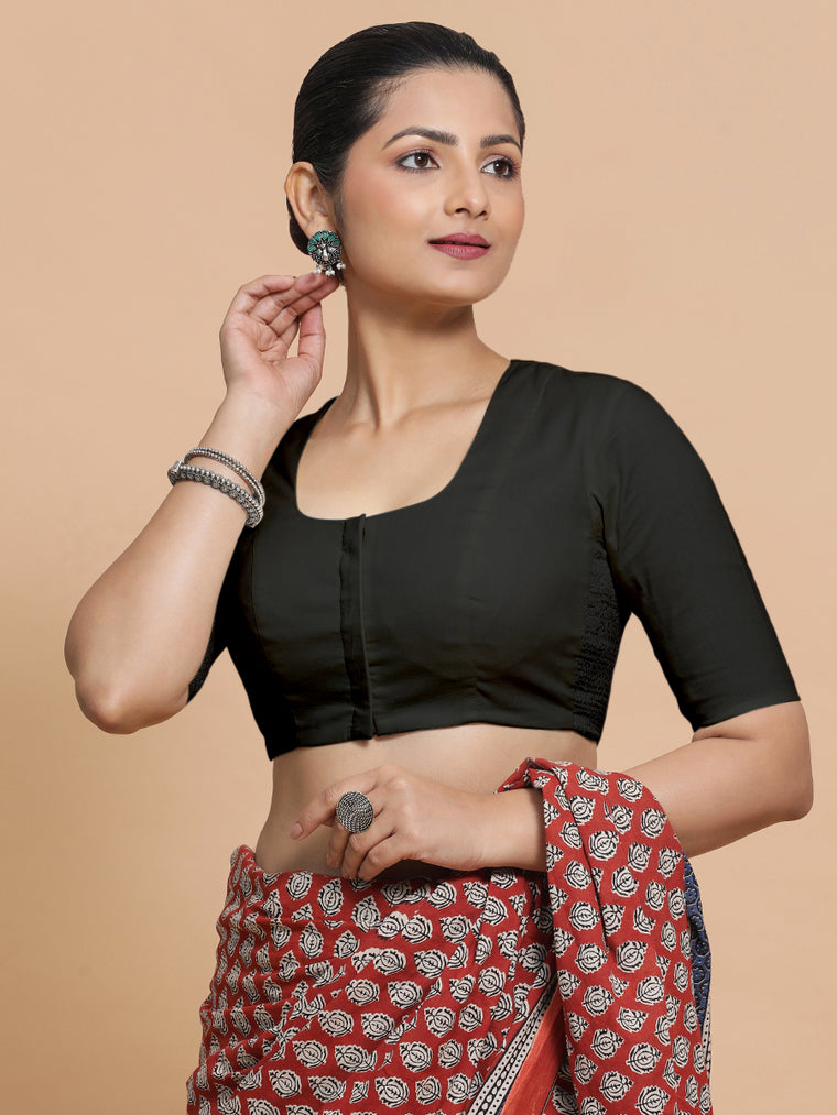 Sadia x Rozaana Saree Blouse, in Black Linen, featuring elbow sleeves and round neckline, made for daily & work.