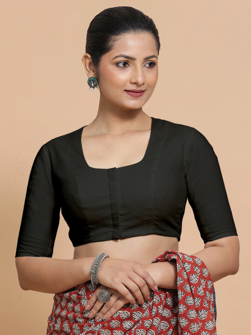 Sadia x Rozaana | Elbow Sleeves Saree Blouse in Ebony Black Linen-Binks