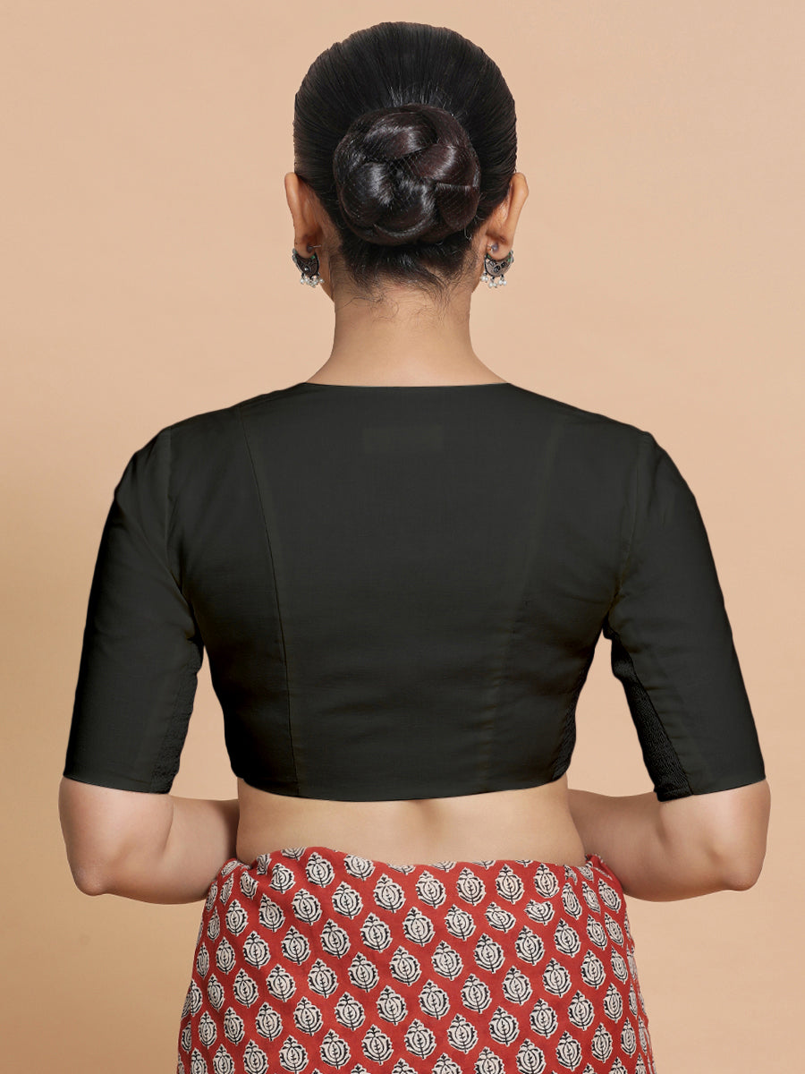 Sadia x Rozaana Saree Blouse, in Black Linen, featuring elbow sleeves and round neckline, made for daily & work (view 2).