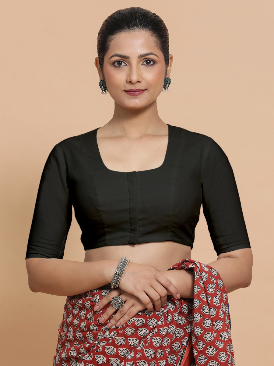 Sadia x Rozaana Saree Blouse, in Black Linen, featuring elbow sleeves and round neckline, made for daily & work (view 4).