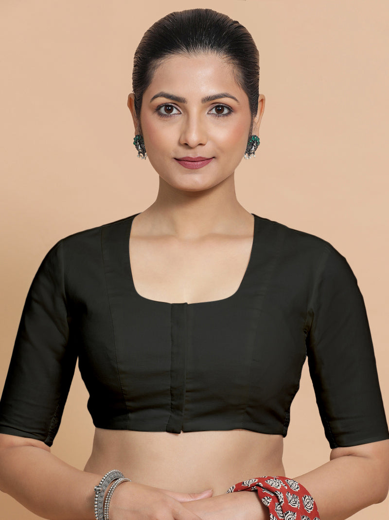 Sadia x Rozaana | Elbow Sleeves Saree Blouse in Ebony Black Linen-Binks