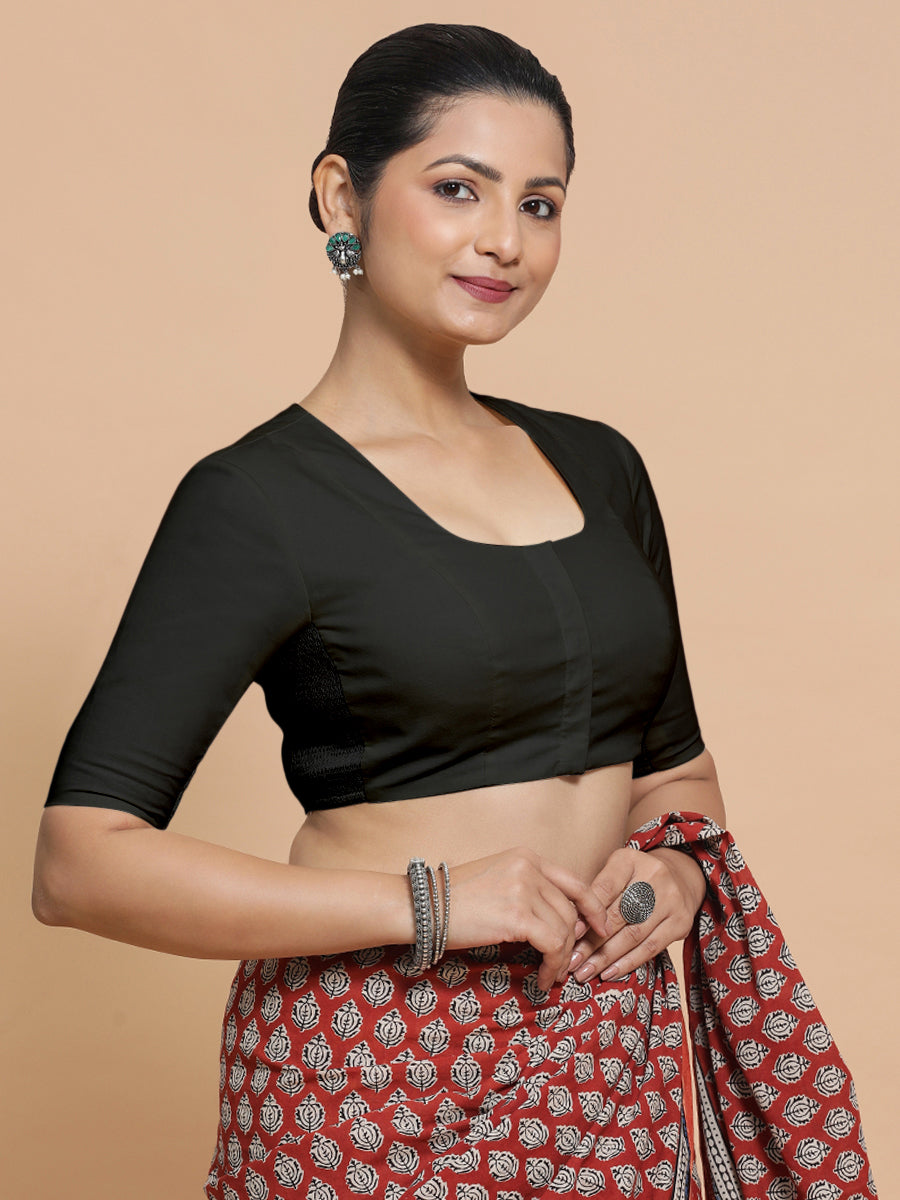 Sadia x Rozaana Saree Blouse, in Black Linen, featuring elbow sleeves and round neckline, made for daily & work (view 6).