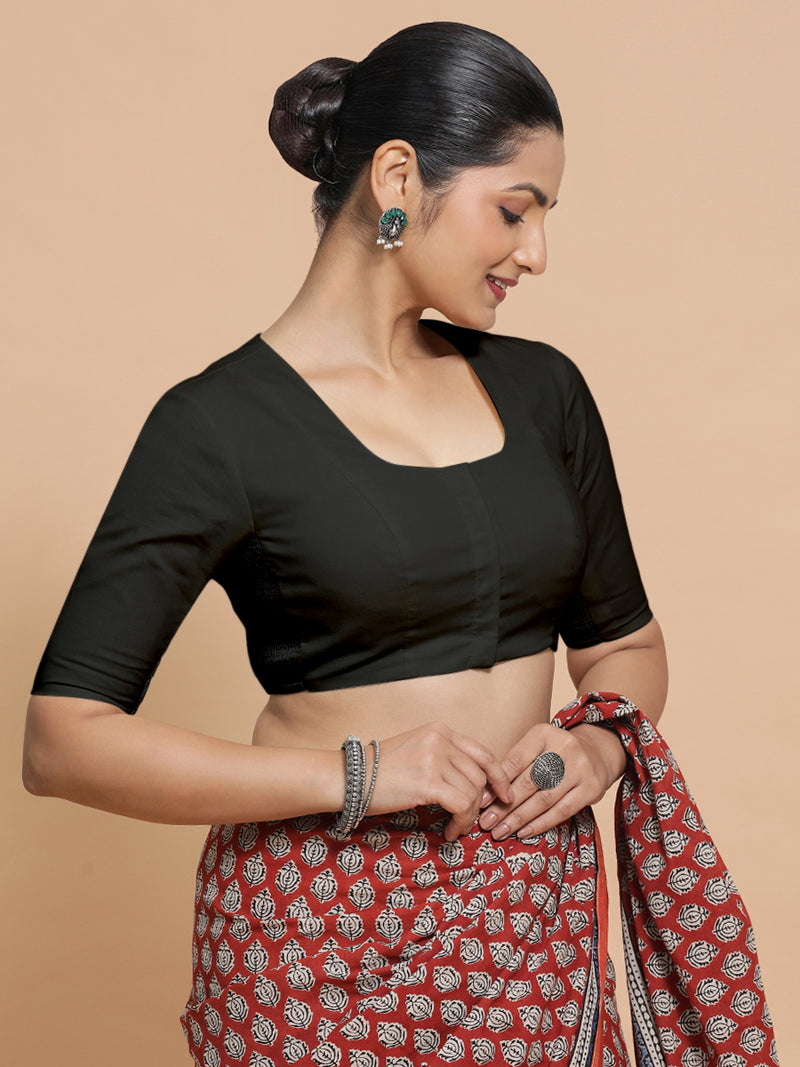 Sadia x Rozaana | Elbow Sleeves Saree Blouse in Ebony Black Linen-Binks