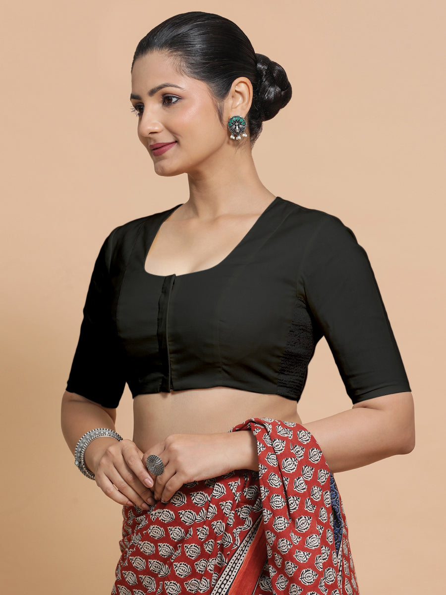 Sadia x Rozaana Saree Blouse, in Black Linen, featuring elbow sleeves and round neckline, made for daily & work (view 8).