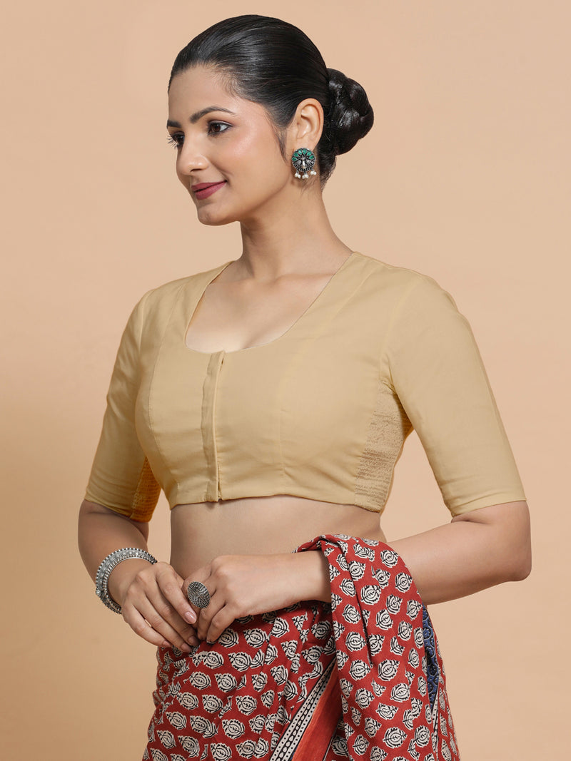 Sadia x Rozaana | Elbow Sleeves Saree Blouse in Ecru Beige Linen-Binks
