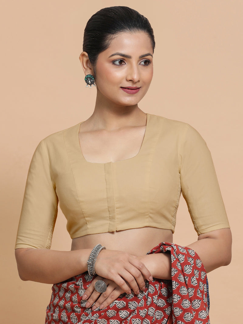 Sadia x Rozaana | Elbow Sleeves Saree Blouse in Ecru Beige Linen-Binks