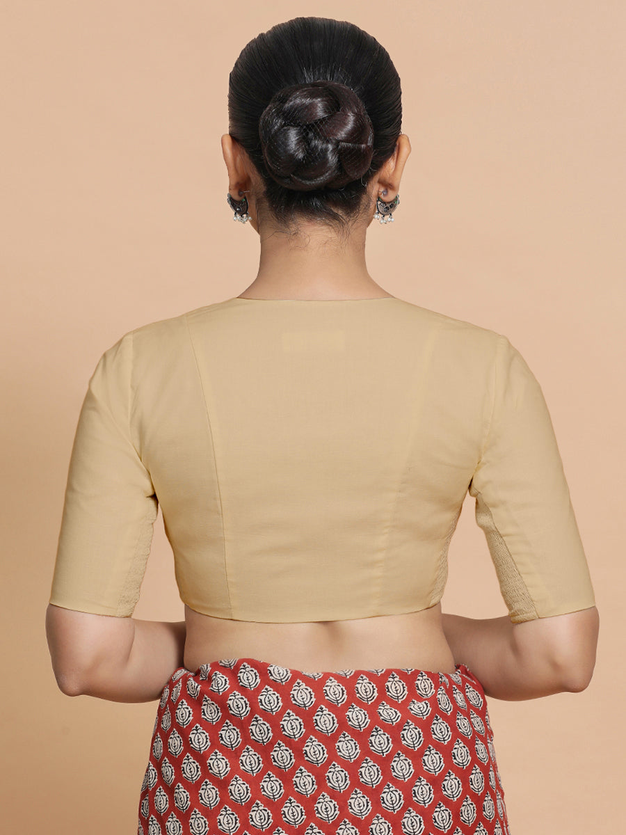 Sadia x Rozaana Saree Blouse, in Beige Linen, featuring elbow sleeves and round neckline, made for daily & work (view 2).