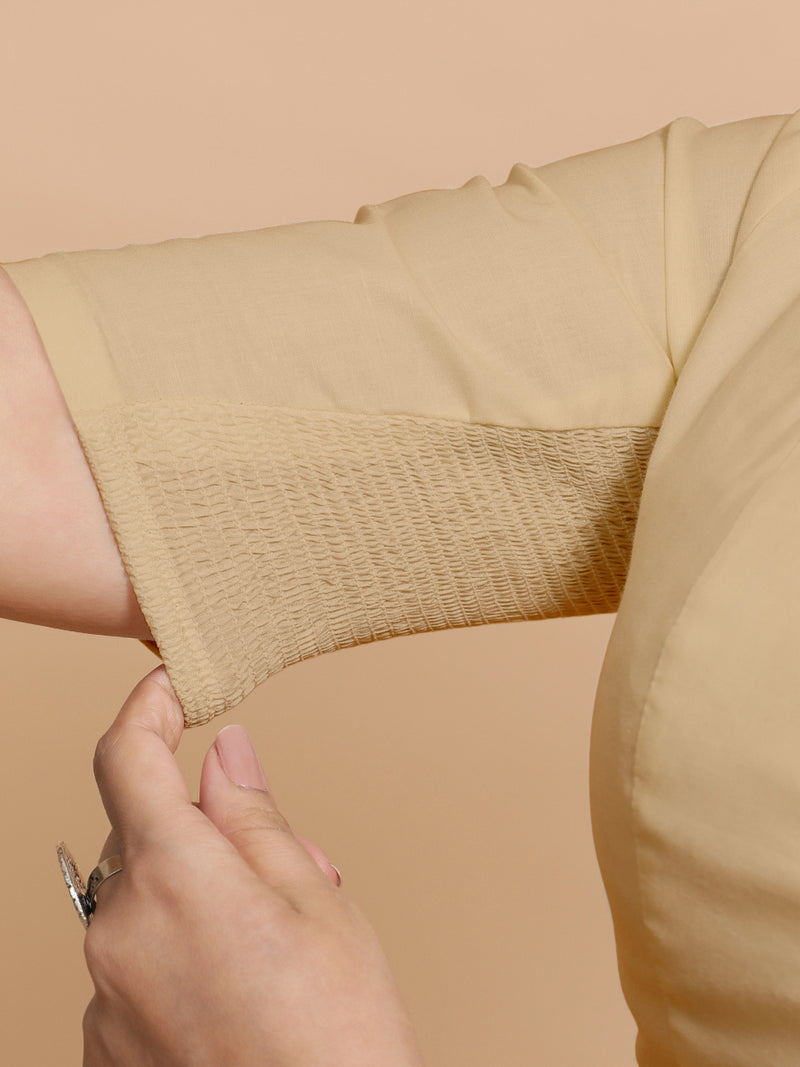 Sadia x Rozaana | Elbow Sleeves Saree Blouse in Ecru Beige Linen-Binks