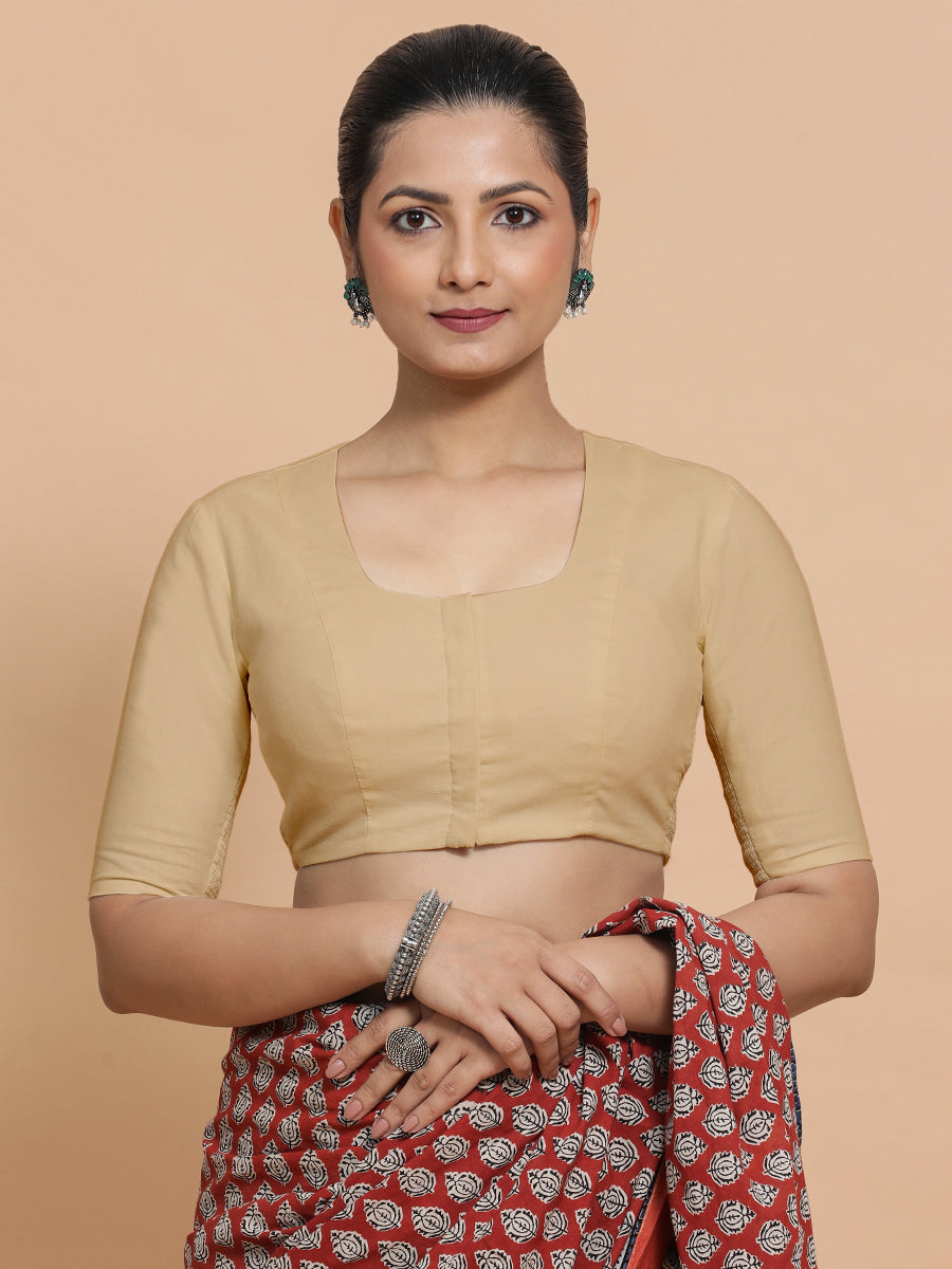 Sadia x Rozaana Saree Blouse, in Beige Linen, featuring elbow sleeves and round neckline, made for daily & work (view 7).