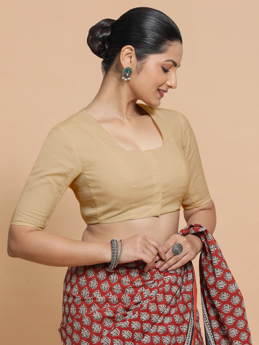 Sadia x Rozaana Saree Blouse, in Beige Linen, featuring elbow sleeves and round neckline, made for daily & work (view 8).