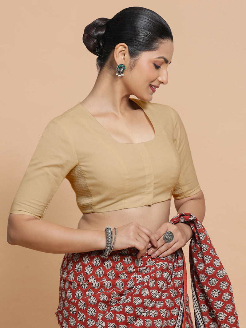 Sadia x Rozaana | Elbow Sleeves Saree Blouse in Ecru Beige Linen-Binks