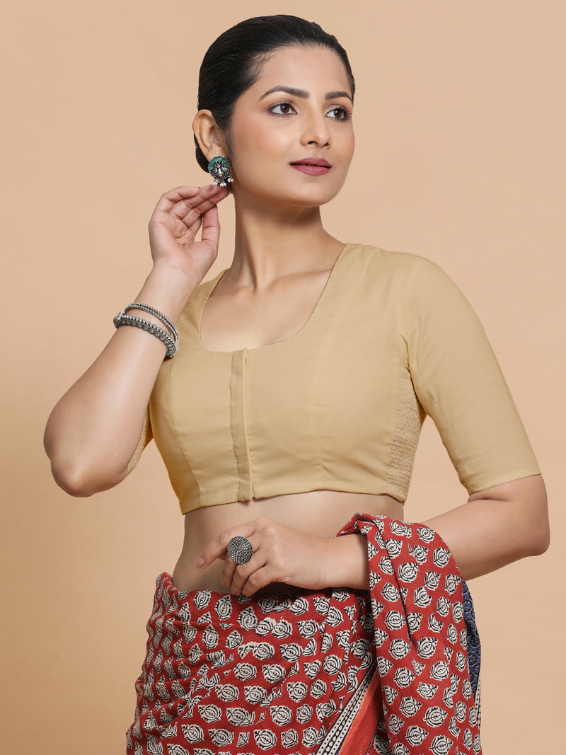 Sadia x Rozaana | Elbow Sleeves Saree Blouse in Ecru Beige Linen-Binks