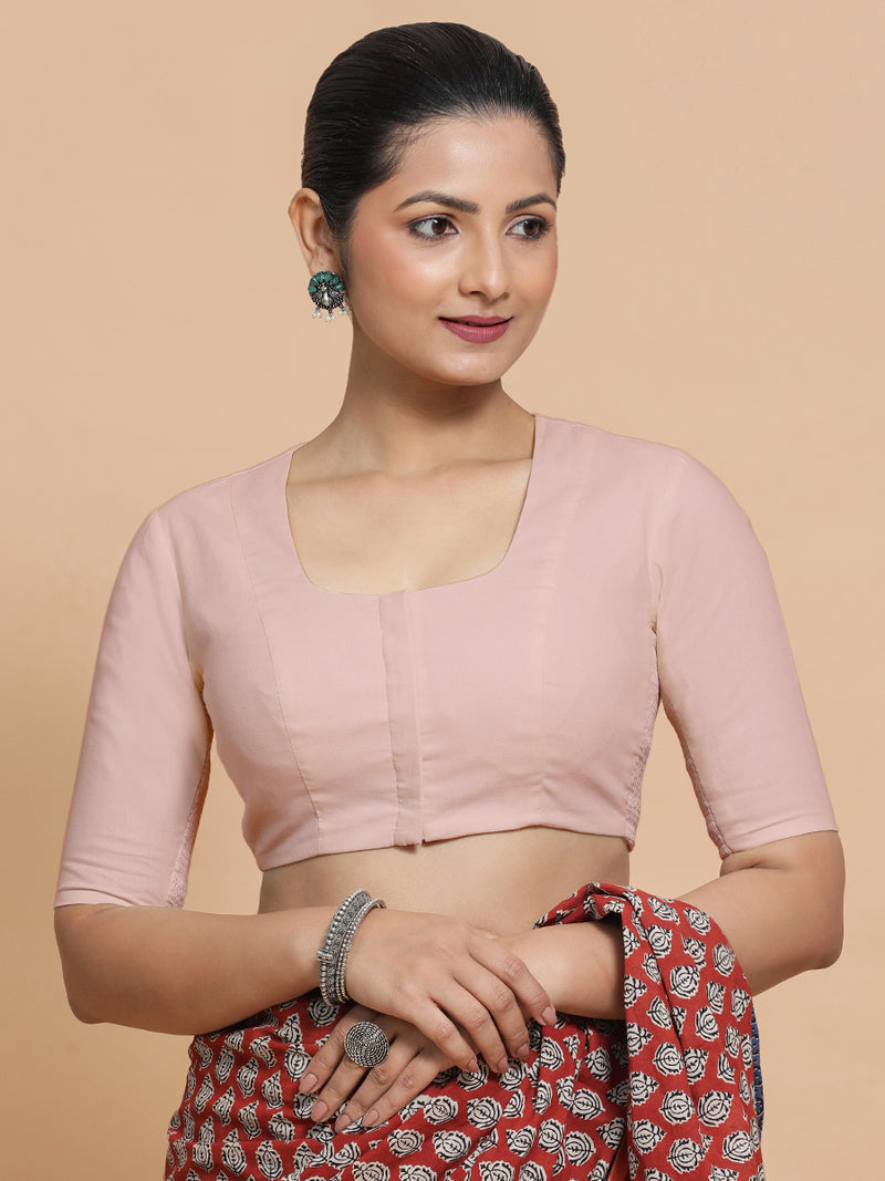 Sadia x Rozaana | Elbow Sleeves Saree Blouse in Misty Pink Linen-Binks