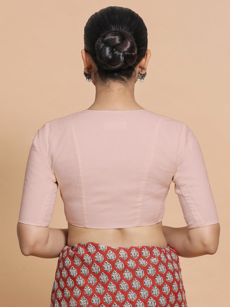 Sadia x Rozaana Saree Blouse, in Pink Linen, featuring elbow sleeves and round neckline, made for daily & work (view 2).