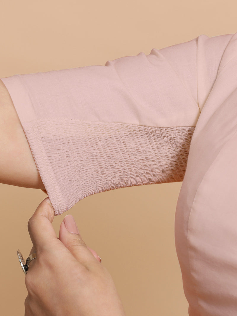 Sadia x Rozaana | Elbow Sleeves Saree Blouse in Misty Pink Linen-Binks