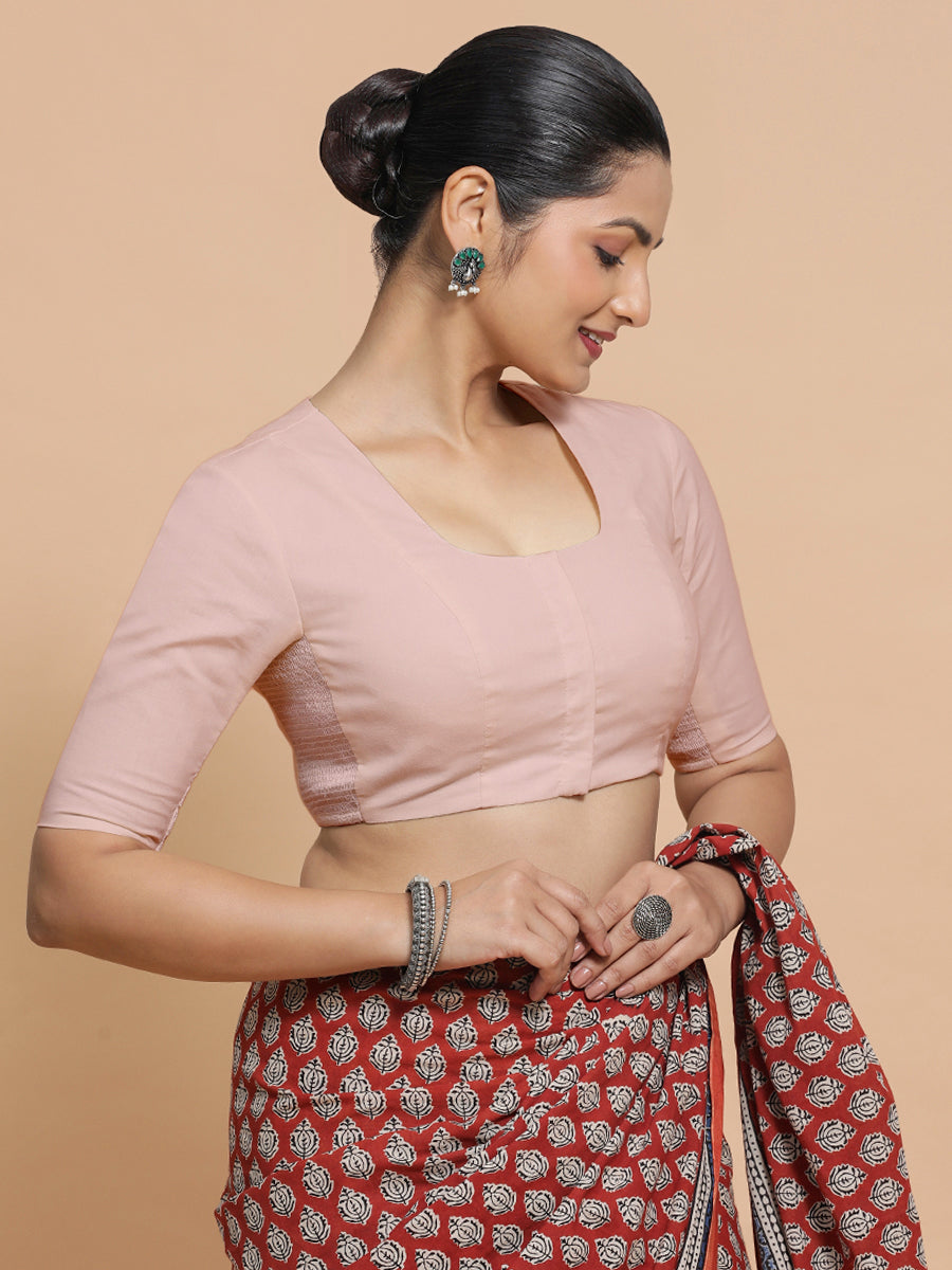 Sadia x Rozaana Saree Blouse, in Pink Linen, featuring elbow sleeves and round neckline, made for daily & work (view 7).