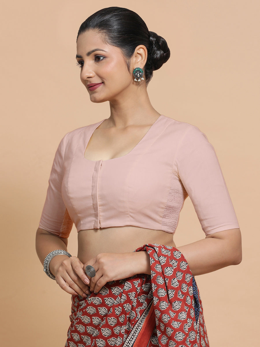 Sadia x Rozaana Saree Blouse, in Pink Linen, featuring elbow sleeves and round neckline, made for daily & work (view 8).