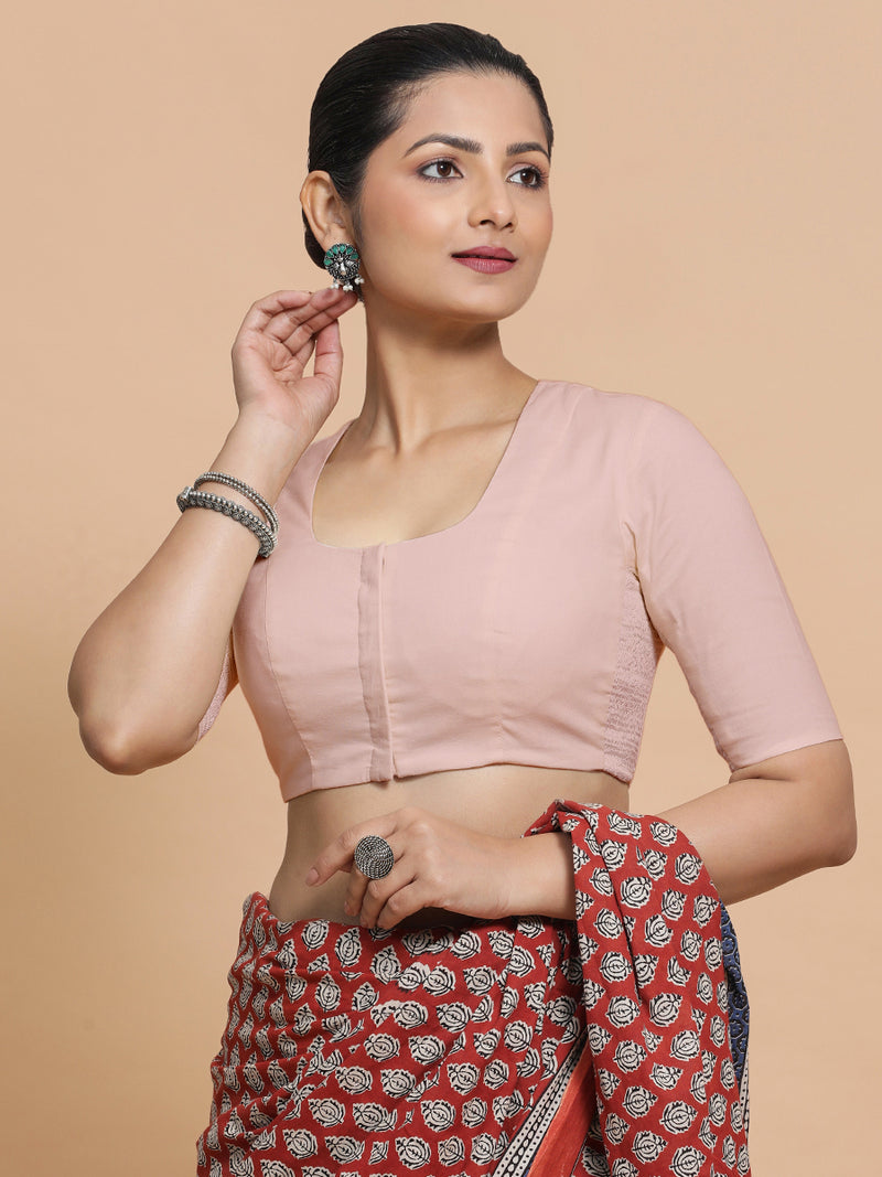 Sadia x Rozaana | Elbow Sleeves Saree Blouse in Misty Pink Linen-Binks
