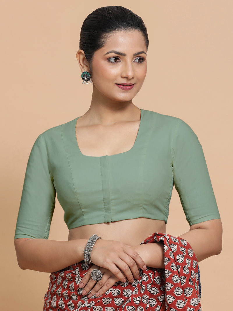 Sadia x Rozaana | Elbow Sleeves Saree Blouse in Peppermint Green Linen-Binks