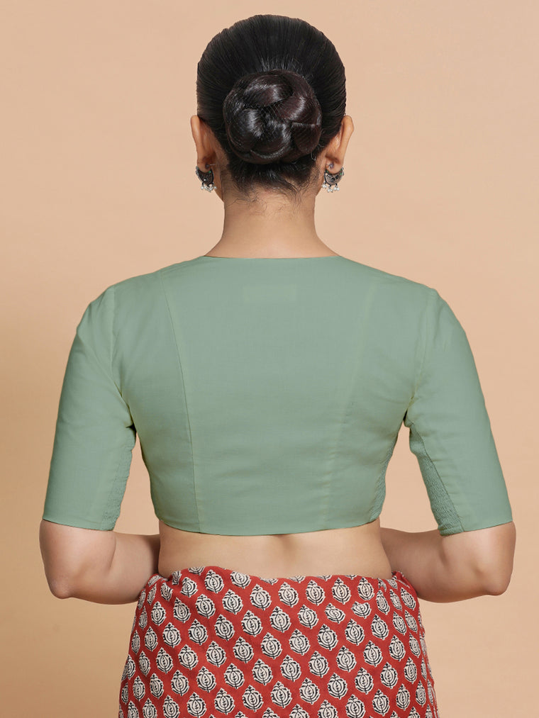 Sadia x Rozaana Saree Blouse, in Green Linen, featuring elbow sleeves and round neckline, made for daily & work (view 2).