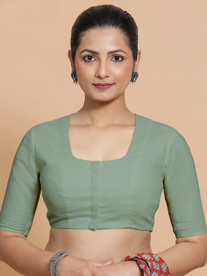 Sadia x Rozaana | Elbow Sleeves Saree Blouse in Peppermint Green Linen-Binks