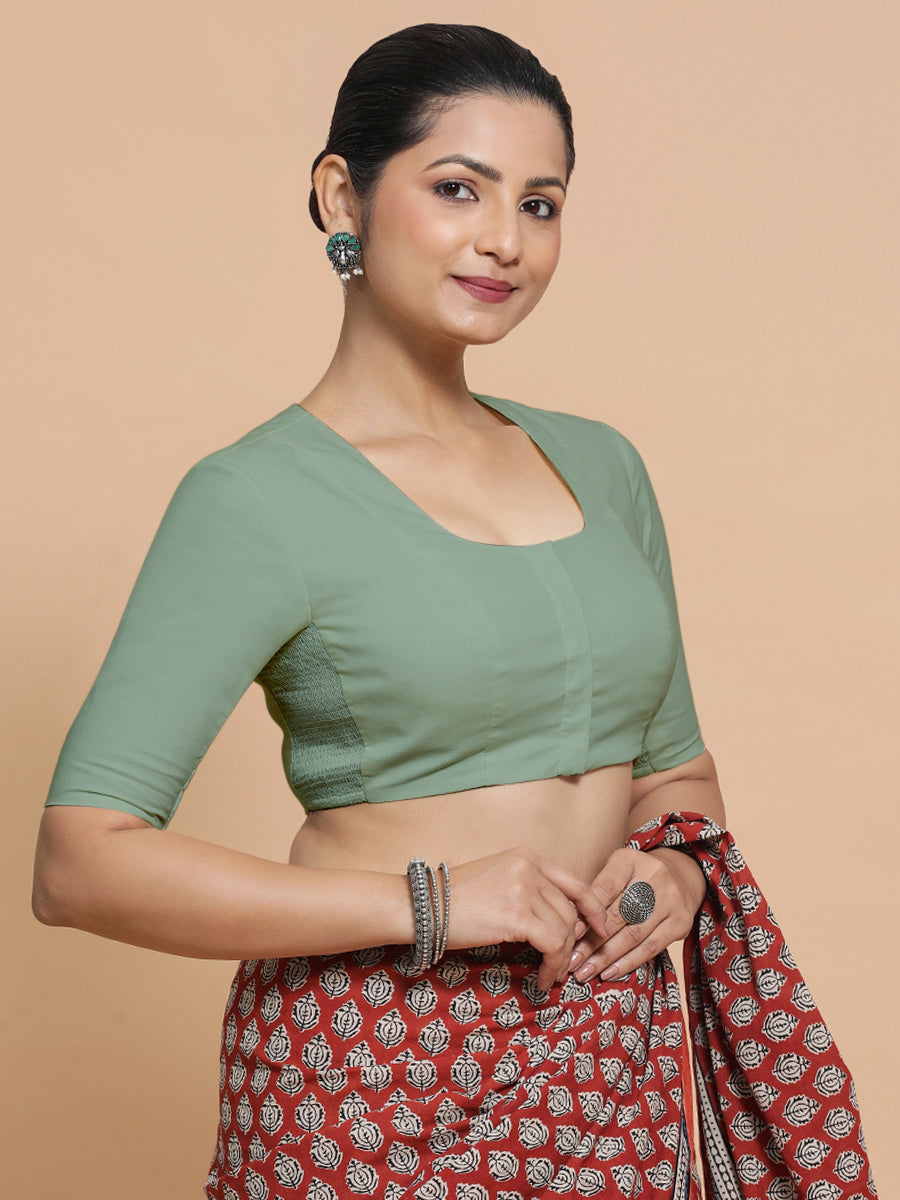 Sadia x Rozaana Saree Blouse, in Green Linen, featuring elbow sleeves and round neckline, made for daily & work (view 6).