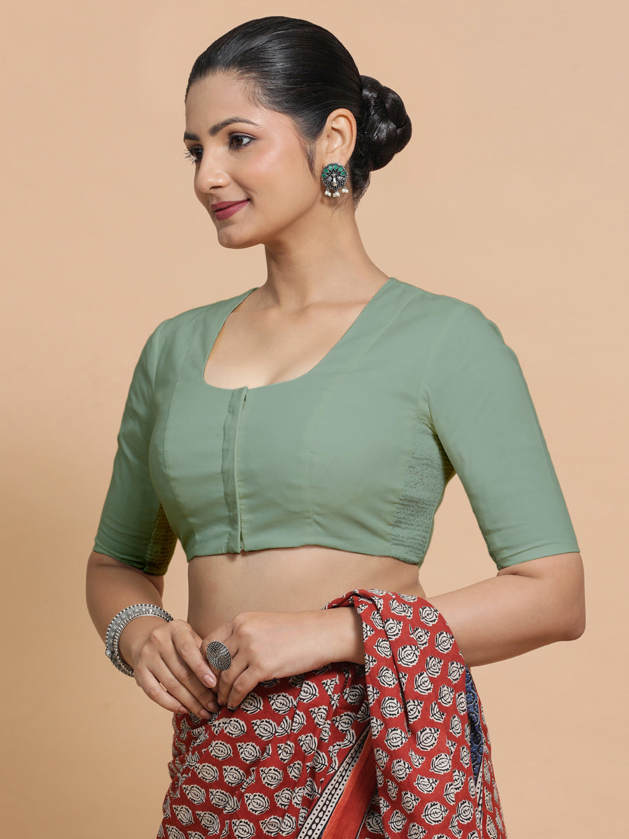 Sadia x Rozaana Saree Blouse, in Green Linen, featuring elbow sleeves and round neckline, made for daily & work (view 7).