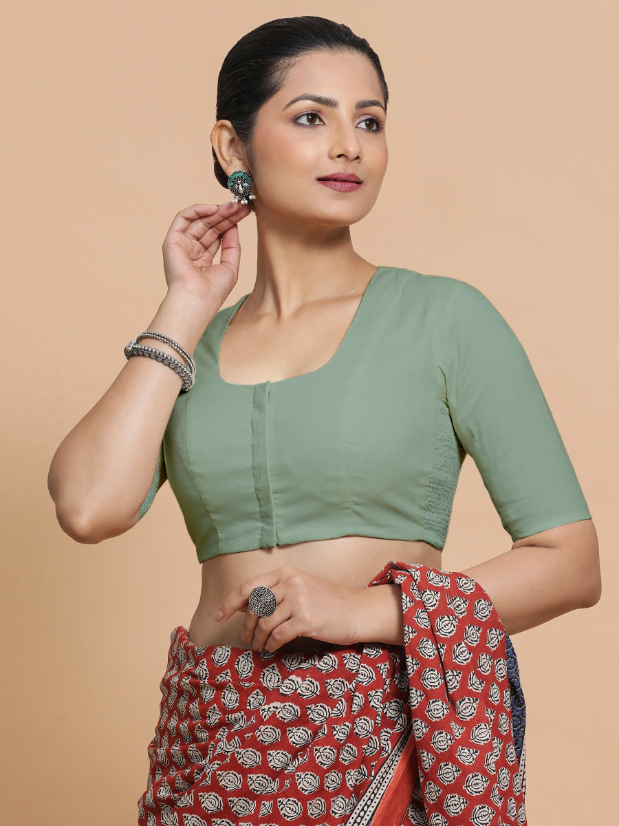 Sadia x Rozaana Saree Blouse, in Green Linen, featuring elbow sleeves and round neckline, made for daily & work (view 8).