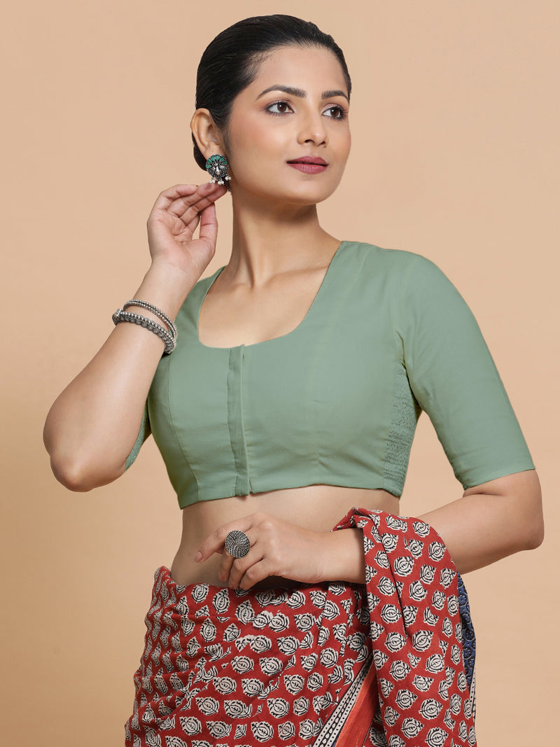 Sadia x Rozaana | Elbow Sleeves Saree Blouse in Peppermint Green Linen-Binks