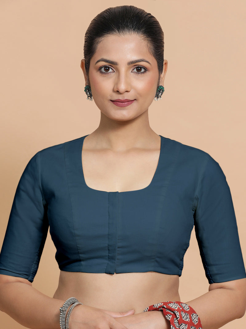 Sadia x Rozaana | Elbow Sleeves Saree Blouse in Regal Blue Linen-Binks