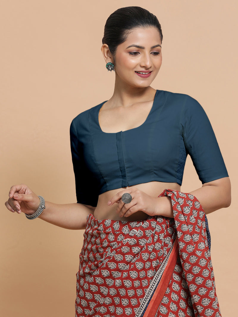 Sadia x Rozaana | Elbow Sleeves Saree Blouse in Regal Blue Linen-Binks