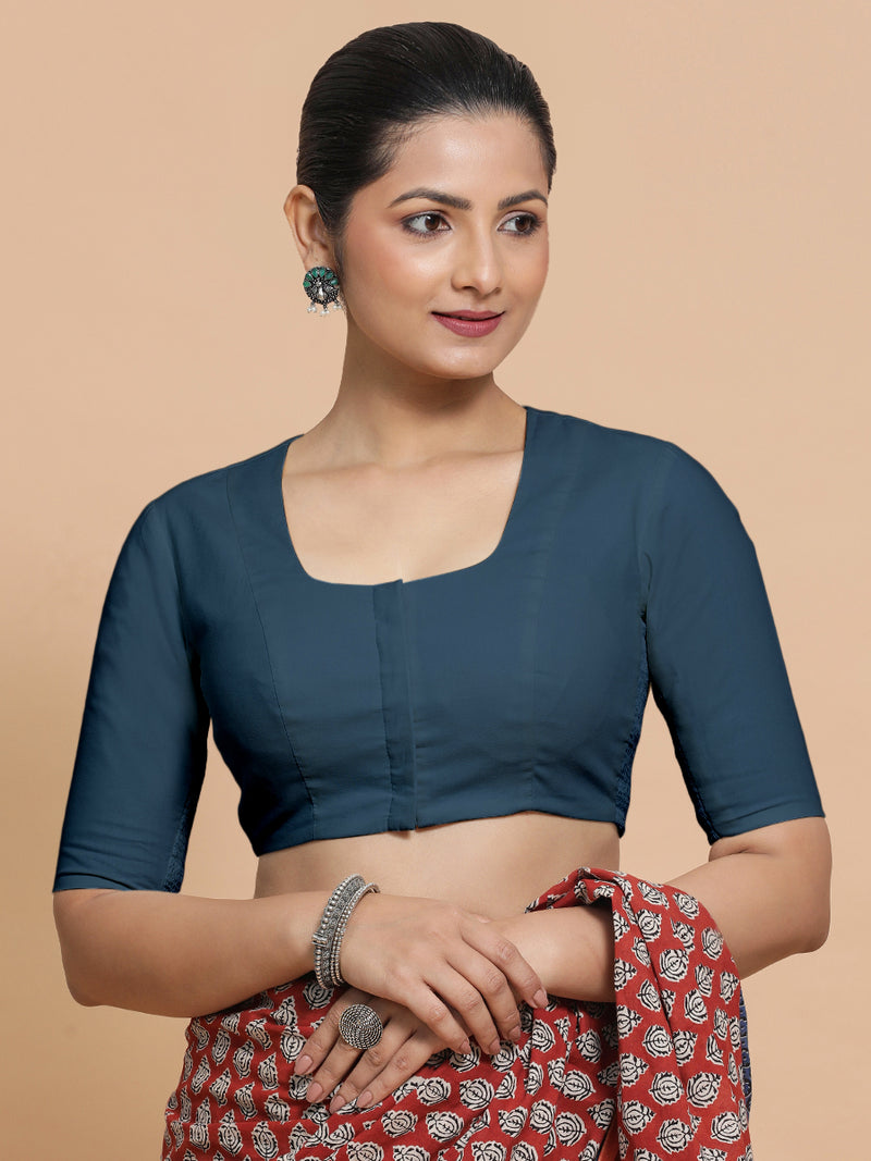 Sadia x Rozaana | Elbow Sleeves Saree Blouse in Regal Blue Linen-Binks