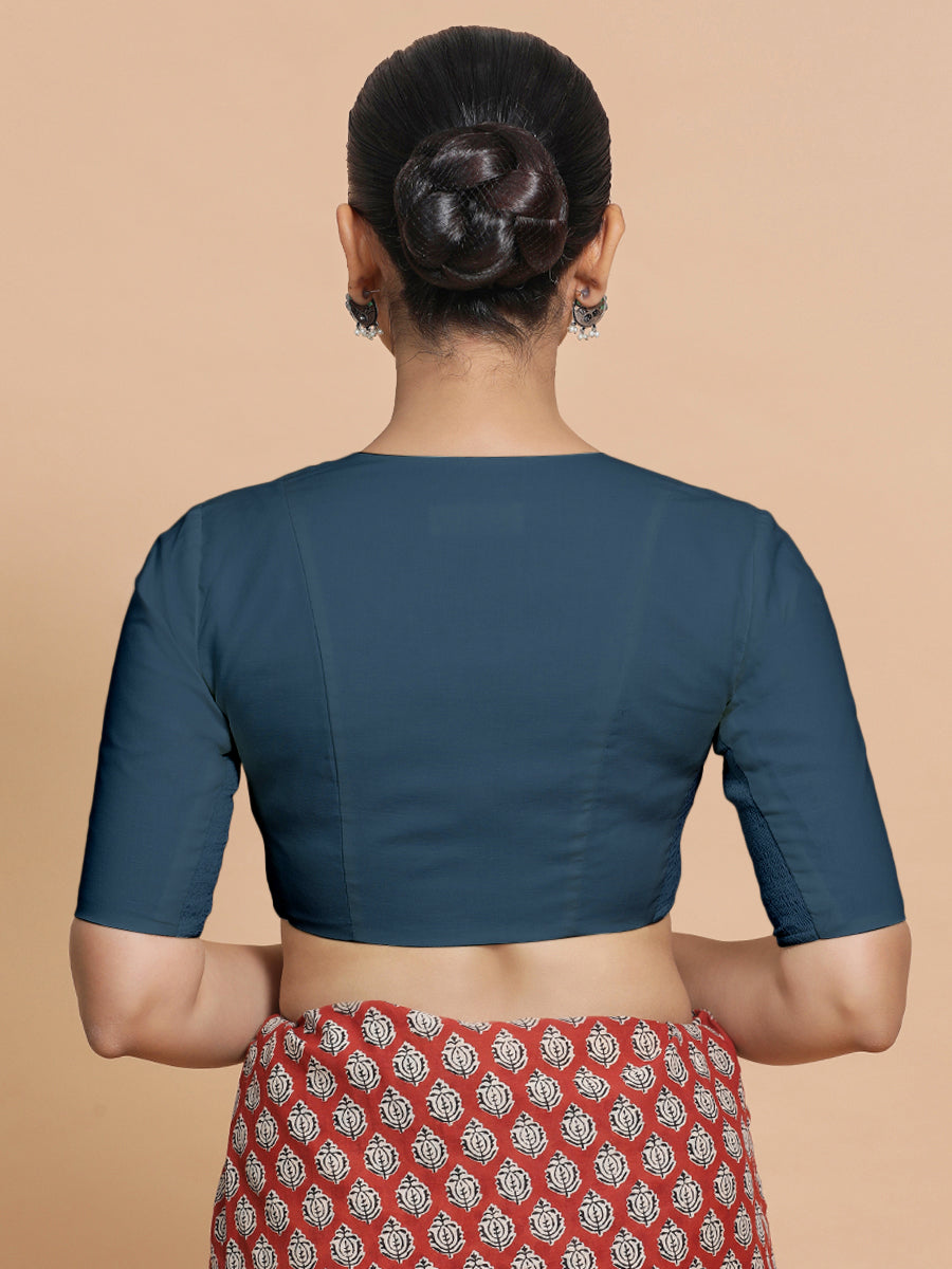 Sadia x Rozaana Saree Blouse, in Blue Linen, featuring elbow sleeves and round neckline, made for daily & work (view 2).