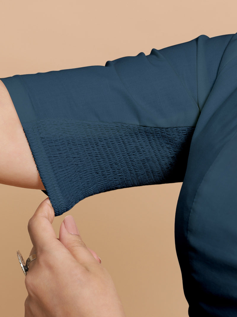 Sadia x Rozaana | Elbow Sleeves Saree Blouse in Regal Blue Linen-Binks