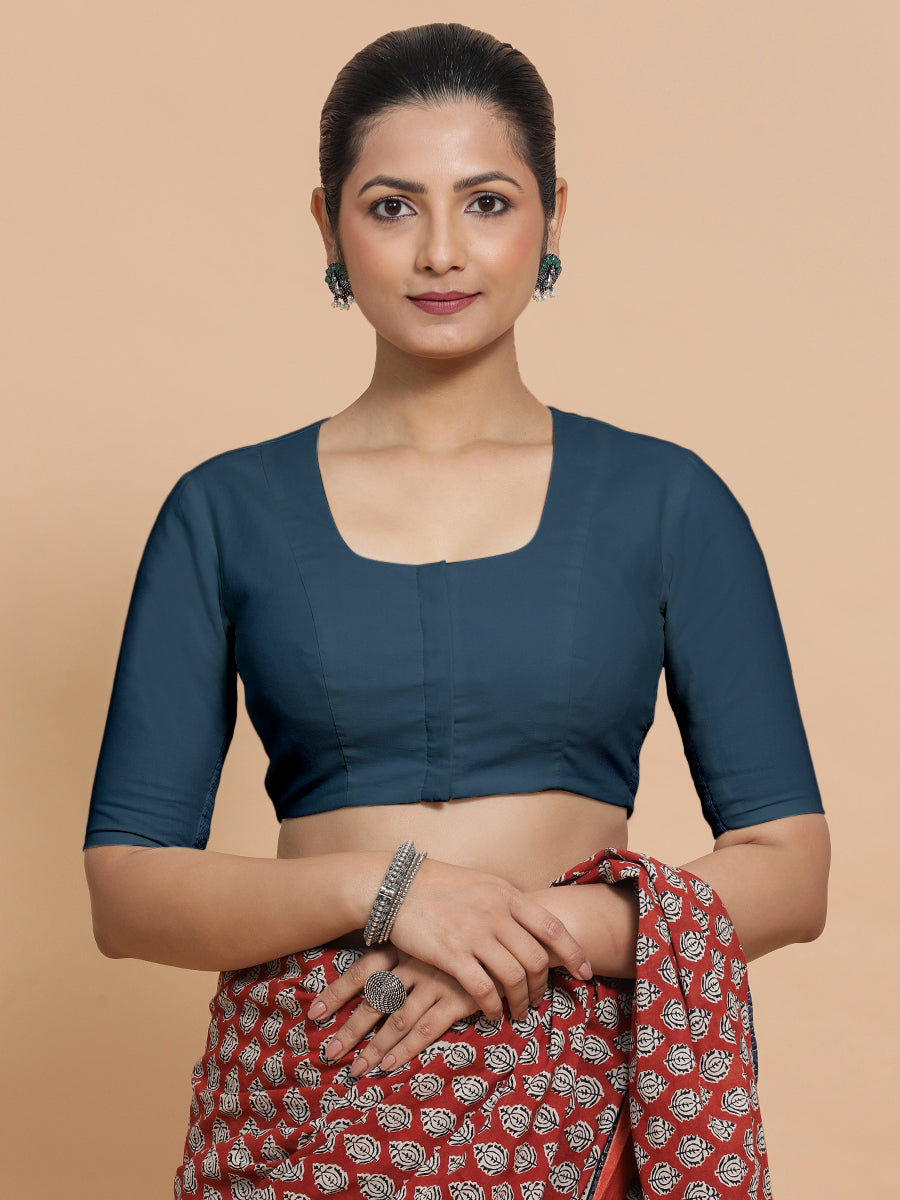 Sadia x Rozaana Saree Blouse, in Blue Linen, featuring elbow sleeves and round neckline, made for daily & work (view 5).