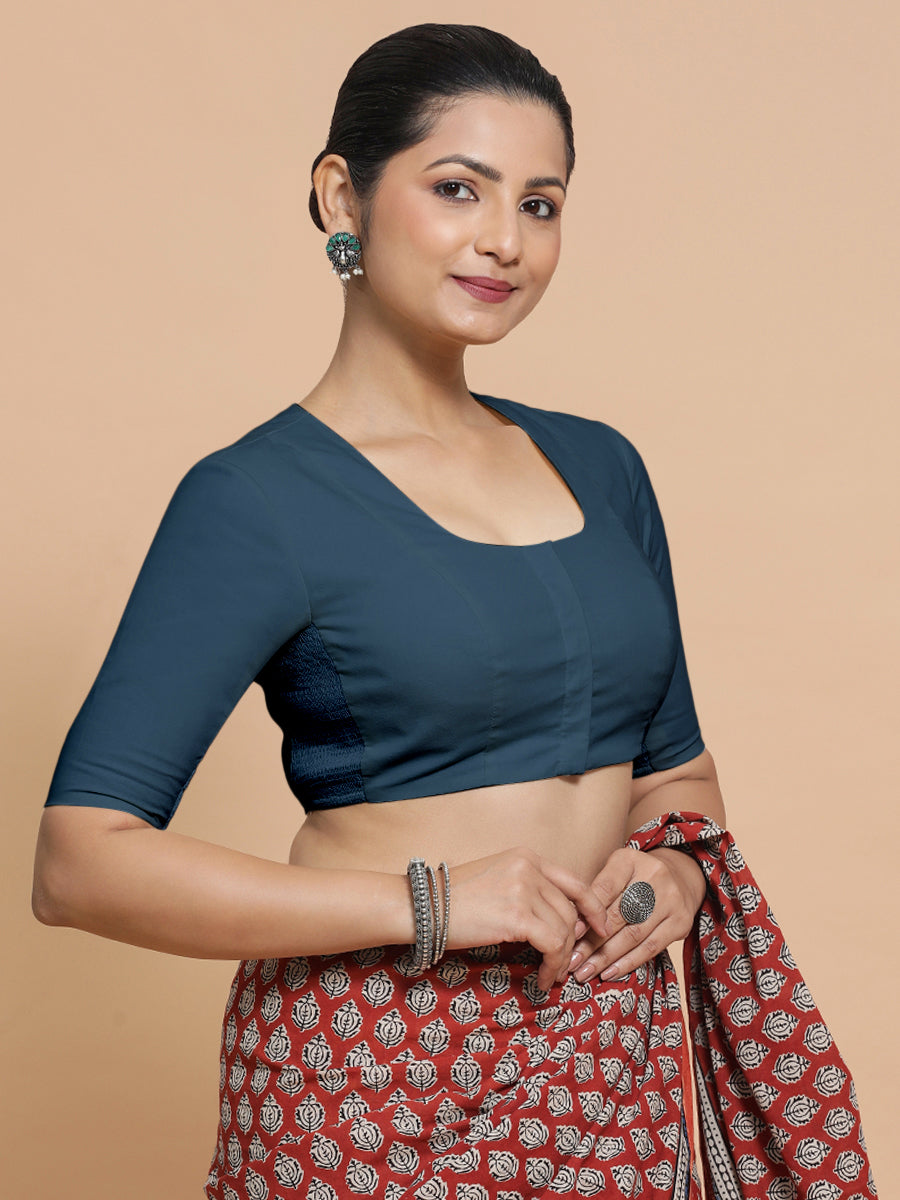 Sadia x Rozaana Saree Blouse, in Blue Linen, featuring elbow sleeves and round neckline, made for daily & work (view 6).