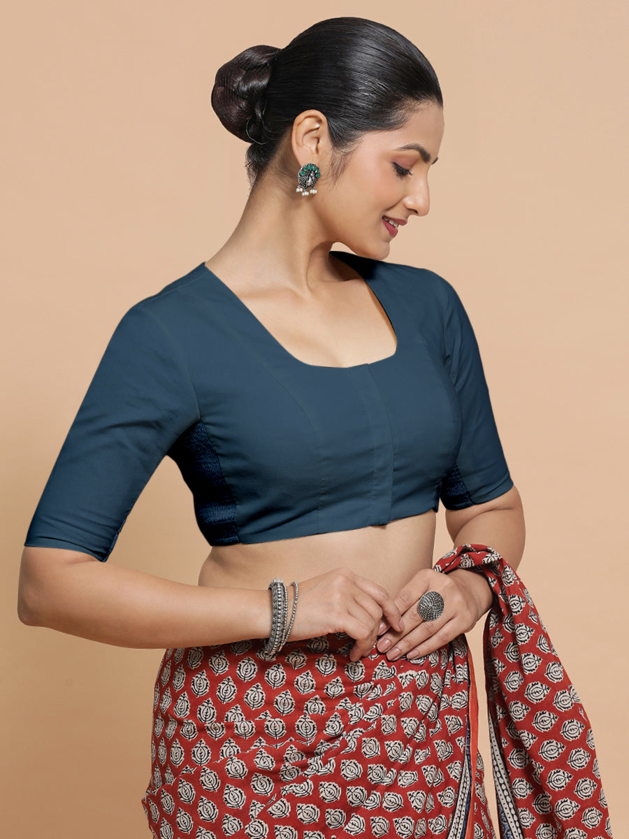 Sadia x Rozaana Saree Blouse, in Blue Linen, featuring elbow sleeves and round neckline, made for daily & work (view 7).