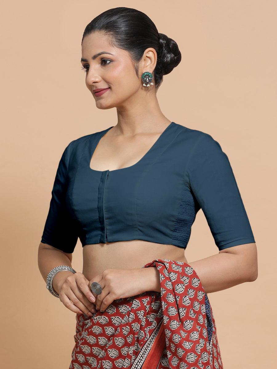 Sadia x Rozaana Saree Blouse, in Blue Linen, featuring elbow sleeves and round neckline, made for daily & work (view 8).