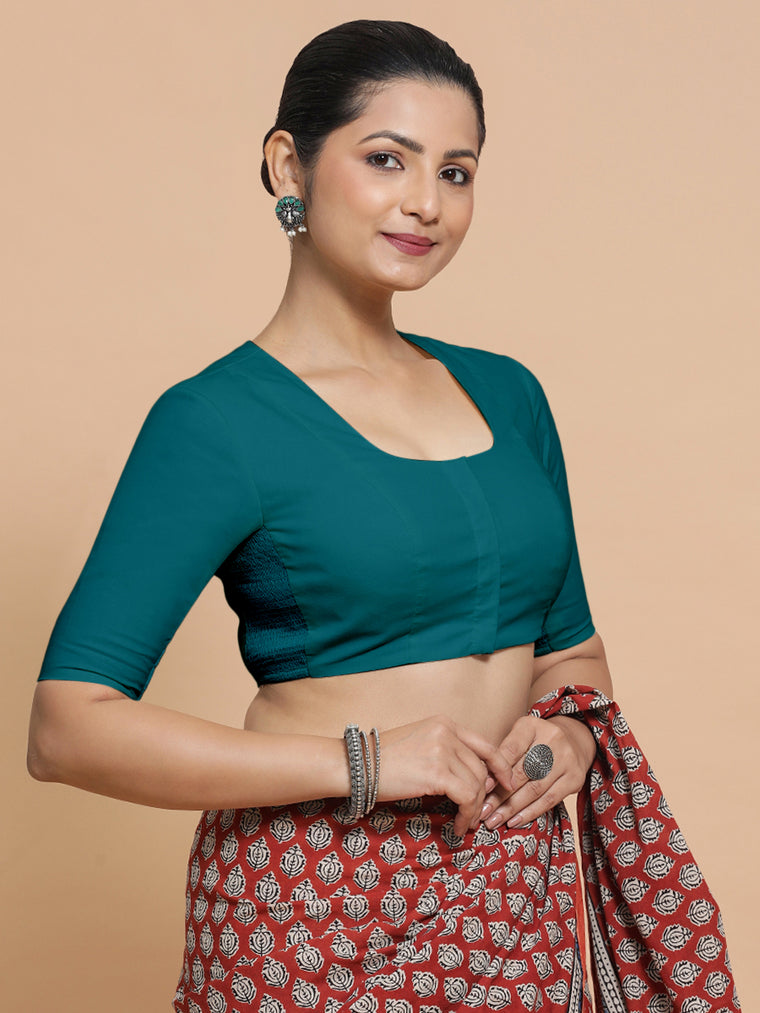 Sadia x Rozaana Saree Blouse, in Blue Linen, featuring elbow sleeves and round neckline, made for daily & work.