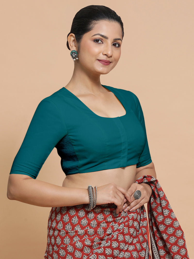 Sadia x Rozaana | Elbow Sleeves Saree Blouse in Teal Blue Linen-Binks