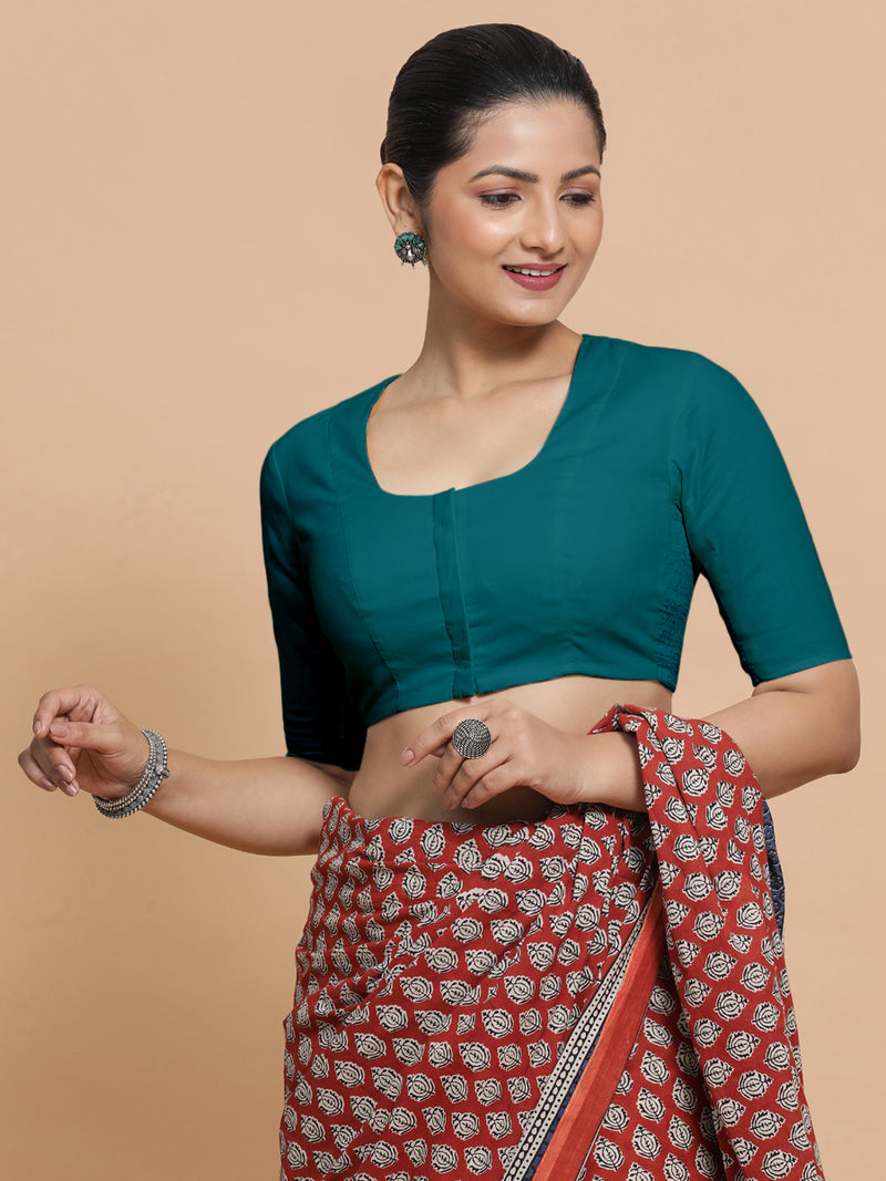 Sadia x Rozaana | Elbow Sleeves Saree Blouse in Teal Blue Linen-Binks
