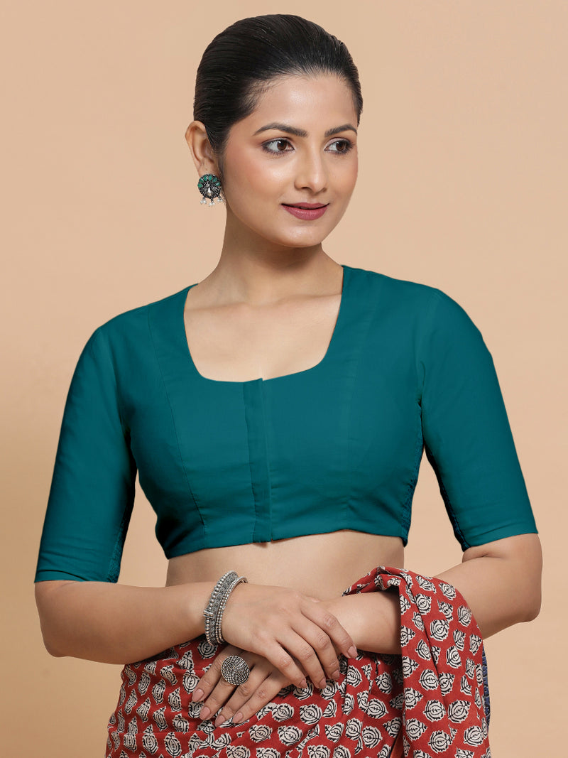 Sadia x Rozaana | Elbow Sleeves Saree Blouse in Teal Blue Linen-Binks
