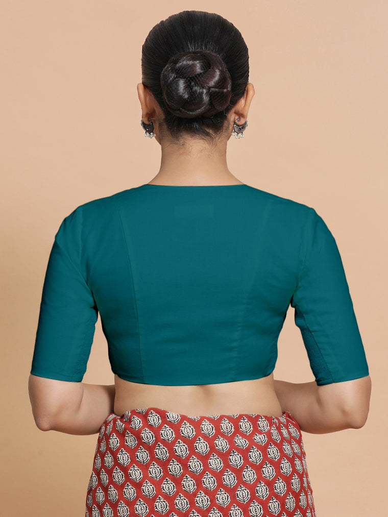 Sadia x Rozaana Saree Blouse, in Blue Linen, featuring elbow sleeves and round neckline, made for daily & work (view 2).