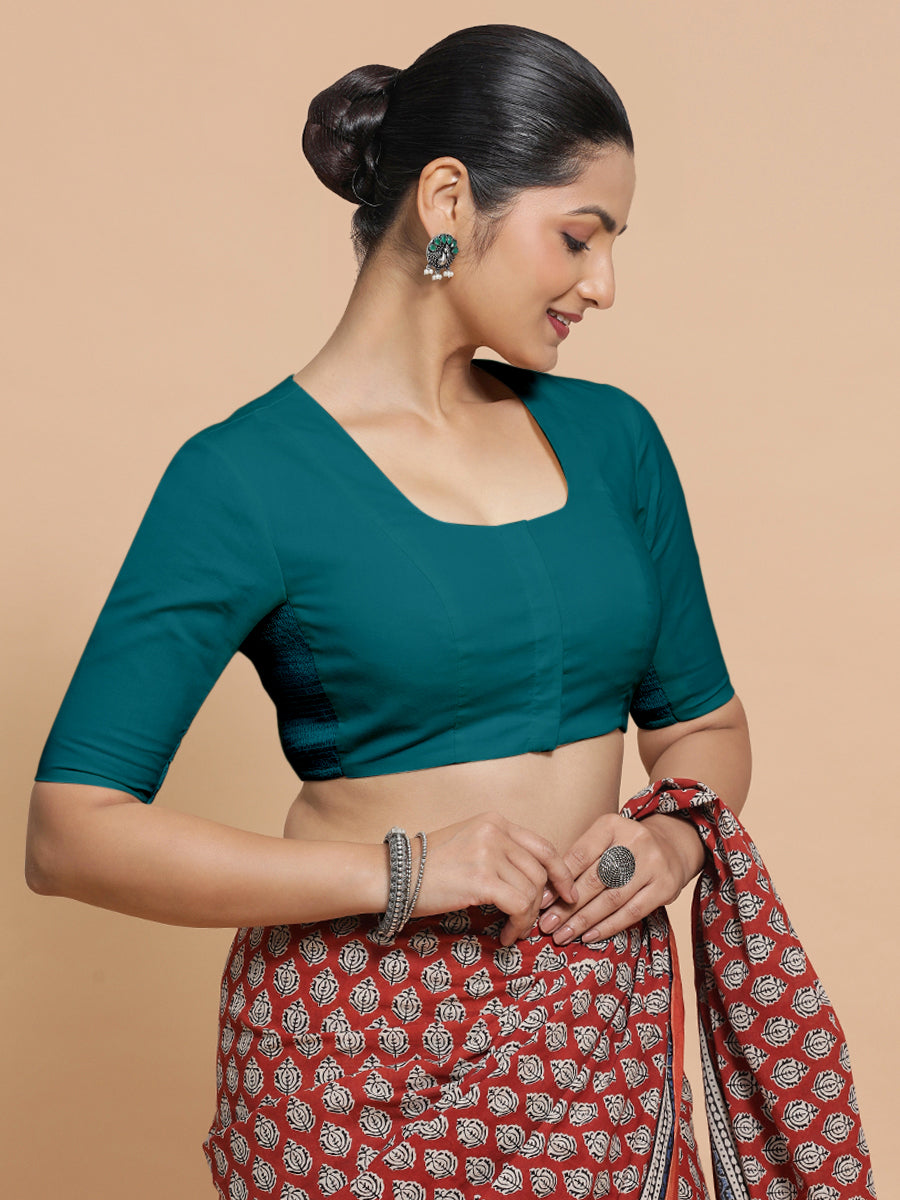 Sadia x Rozaana Saree Blouse, in Blue Linen, featuring elbow sleeves and round neckline, made for daily & work (view 7).