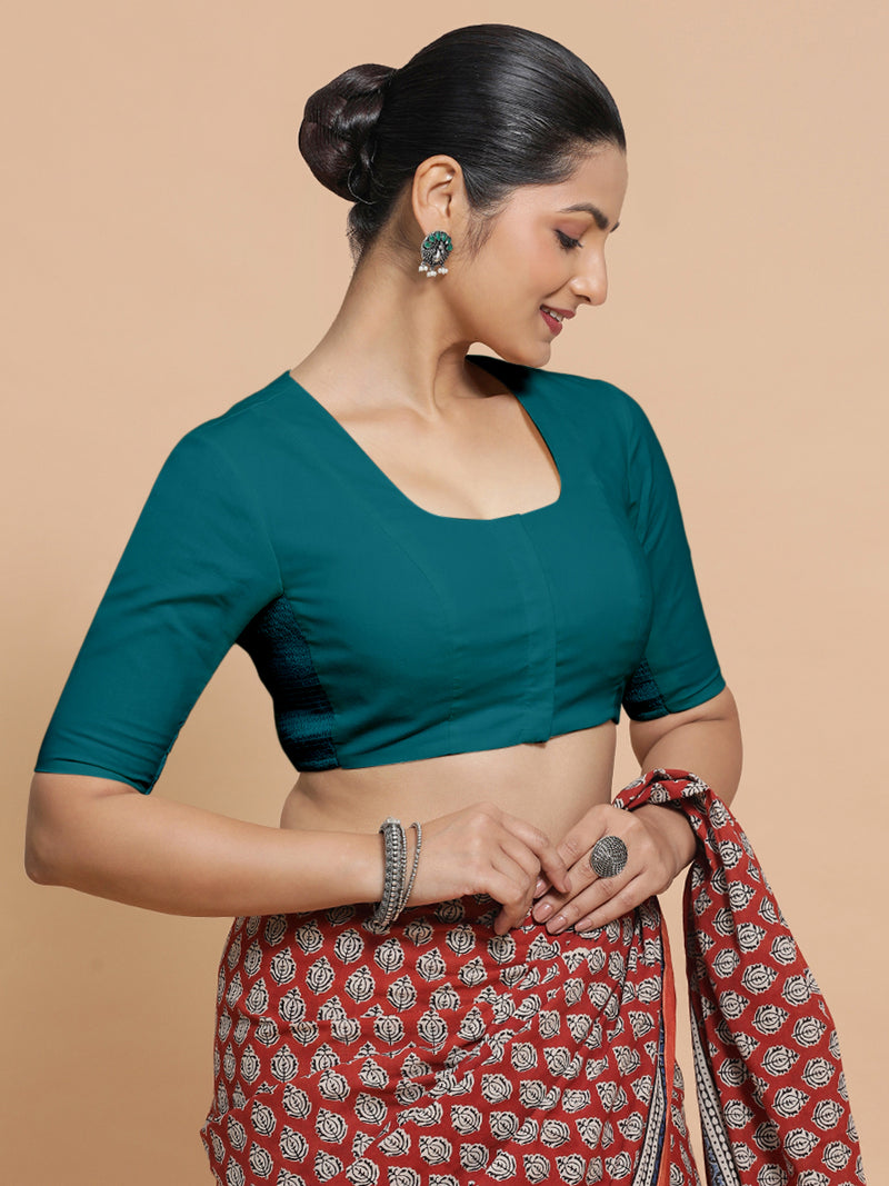 Sadia x Rozaana | Elbow Sleeves Saree Blouse in Teal Blue Linen-Binks